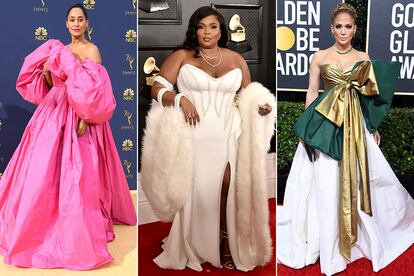 Tracee Ellis Ross en los Emmy, de Valentino; Lizzo, de Versace en los Grammy; y Jennifer Lopez, también de Valentino, en los Globos de Oro.