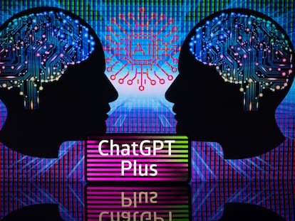 ChatGPT Plus sing displayed on mobile and AI brain on screen are seen in this photo illustration. On 5 February 2023 in Brussels, Belgium. Photo illustration by Jonathan Raa (NurPhoto / Getty Images)