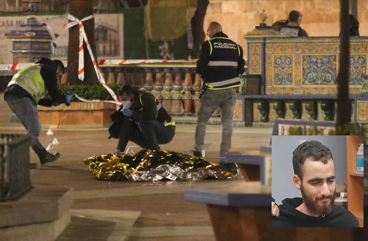 Policías inspeccionan la zona del ataque, con el cadáver del sacristán fallecido, el 25 de enero; y en el recuadro, la fotografía de Yassine Kanjaa.