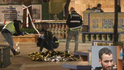 Efectivos sanitarios y policiales cubren el cadáver del sacristán fallecido en un ataque a diferentes iglesias, el 25 de enero de 2023 en Algeciras. En la imagen pequeña, Kanjaa, tras ser detenido poco después de la agresión.