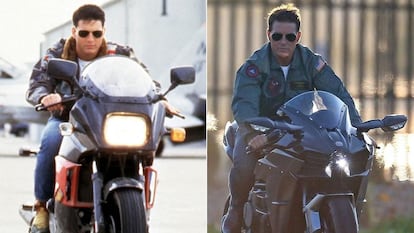 A la izquierda, Tom Cruise en 'Top Gun' en 1986 y, a la derecha, en el rodaje de 'Top Gun: Maverick', en otoño de 2018 (aunque se estrenó en 2022).