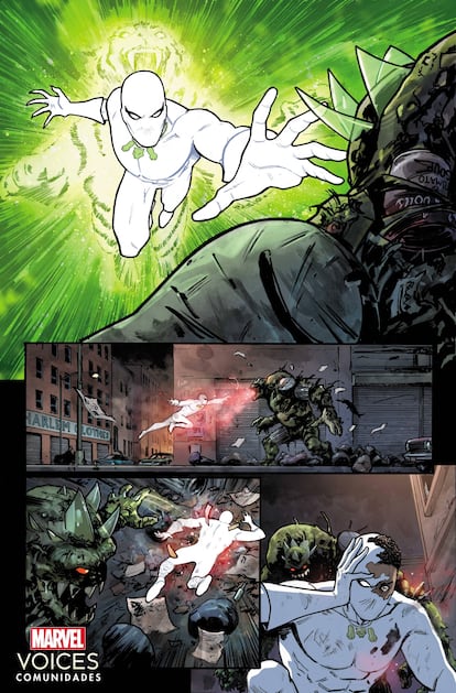 Arte interna de 'Marvel's Voices: Comunidades'. Héctor Ayala aparece en la historia "Pa'lante Juntos", producida por el escritor Daniel José, el dibujante Germán Peralta y el colorista Jesus Aburtov.