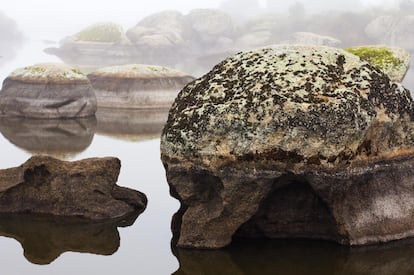 Incontables bolos graníticos esparcidos aquí y allá, entre grandes charcas, forman parte de la cuenca del río Salor, hogar de nutrias y tritones. Se trata de un paraje, a pocos kilómetros de Cáceres, donde convergen dos zonas de especial protección para las aves, la sierra de San Pedro y los Llanos de Cáceres. Este edén ornitológico acoge, además, una de las grandes reservas de cigüeñas de España, lo que confiere al paisaje un aspecto muy nostálgico.