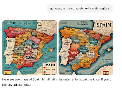 Pantallazo de DALL-E en el que se ve como, ante el mismo pedido de dibujar un mapa de España, la herramienta arroja resultados diferentes y con varios errores.