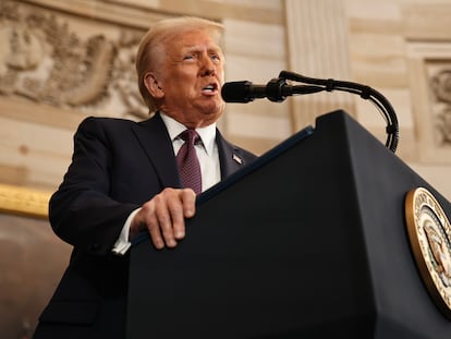 WASHINGTON, DC - JANUARY 20: U.S. President Donald Trump speaks during inauguration ceremonies in the Rotunda of the U.S. Capitol on January 20, 2025 in Washington, DC. Donald Trump takes office for his second term as the 47th president of the United States. (Photo by Chip Somodevilla/Getty Images)