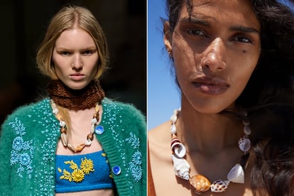 Los collares de conchas, una de las plagas del verano. A la izquierda, Prada, y a la derecha, Zara.