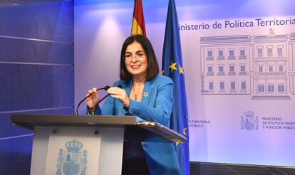 La ministra de Política Territorial y Función Pública, Carolina Darias, durante su intervención telemática.