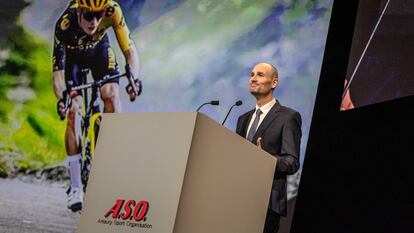 Amaury Sport Organisation President Jean-Etienne Amaury speaks during the presentation of the Tour de France 2024 in Paris, France, October 25, 2023.