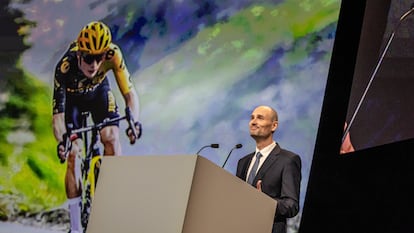 Amaury Sport Organisation President Jean-Etienne Amaury speaks during the presentation of the Tour de France 2024 in Paris, France, October 25, 2023.