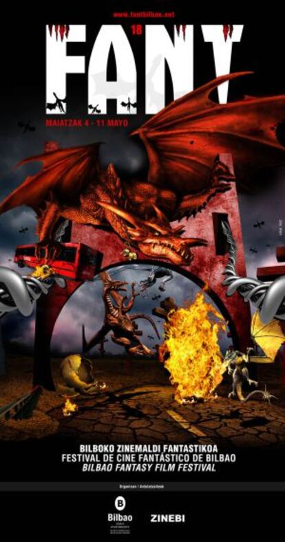 El cartel de la presente edición del FANT muestra un dragón sobrevolando el puente de la Salve