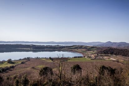 Vista del lago Martignano, donde se encuentra la granja que acoge las actividades de la cooperativa Barikama desde hace algunos años. En el fondo se ve también el lago de Bracciano.