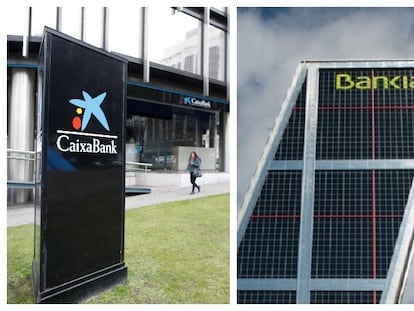 Carteles en las sedes de CaixaBank y Bankia.