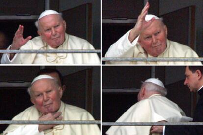 Juan Pablo II se toca la garganta durante su breve aparición en público.