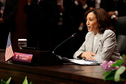 U.S. Vice President Kamala Harris delivers her remarks during the plenary session of the ASEAN-U.S. Summit in Jakarta, Indonesia, September 6, 2023.