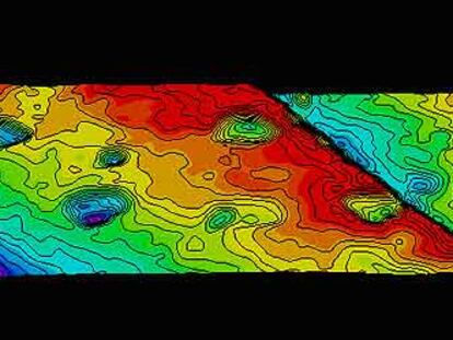 Vista parcial del modelo tridimensional de las pisadas de dinosaurios conservadas en la antigua explotación de carbón de Fumanya que permite estudiarlas virtualmente.