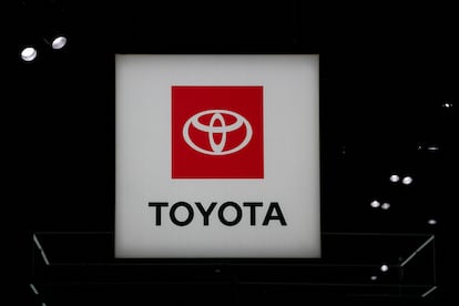 A Toyota logo is seen during the New York International Auto Show, in Manhattan, New York City, U.S., April 5, 2023.