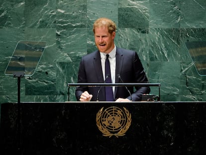 El príncipe Enrique de Inglaterra, en su discurso ante la Asamblea General de la ONU por el Día de Nelson Mandela, el 18 de julio de 2022 en Nueva York.