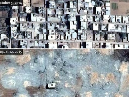 Imagen de una zona de viviendas del Sina&iacute; el 5 de octubre de 2014 (arriba) y el 12 de agosto de 2015 (abajo)