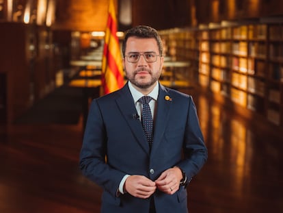 El presidente catalán, Pere Aragonès, durante su discurso por la Diada de Sant Esteve para 2023.