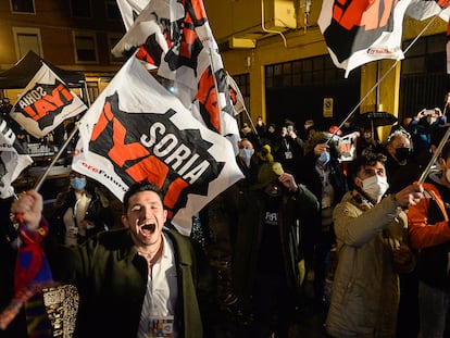 Celebración de los resultados electorales de Soria ¡Ya! en la sede del partido el 13 de febrero.