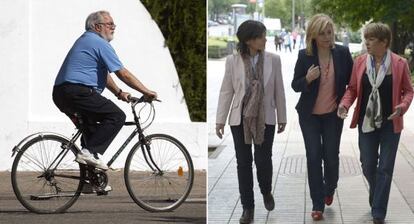 Miguel Arias Cañete monta en bicicleta en la jornada de reflexión, mientras Elena Valenciano pasea con sus hermanas.