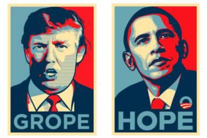 Imagen en redes de Trump con la palabra &#039;grope&#039; (&quot;mete mano&quot;) que imita la ic&oacute;nica de Obama y &#039;hope&#039; (&quot;esperanza&quot;).