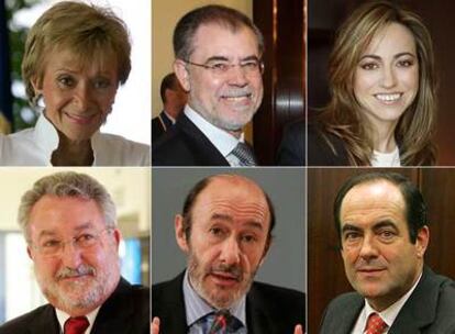 De zquierda a derecha y de arriba abajo, María Teresa Fernández de la Vega, Mariano Fernández Bermejo, Carme Chacón, Bernat Soria, Alfredo Pérez Rubalcaba y José Bono.