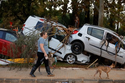 Una mujer pasea a unos perro en Paiporta, junto a una pila de coches amontonados.