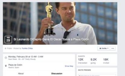 El grupo de Facebook donde se convoca a la gente a ir a la madrileña Plaza de Colón... si gana el Oscar, claro.