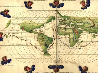 Mapa de la ruta de Magallanes de uno de los atlas de Battista Agnese (1544).