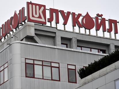 The logo of the Russian oil company Lukoil is seen on its central office building in Sofia, Bulgaria, 07 December 2023.