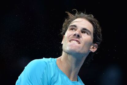 Rafa Nadal celebrates beating Switzerland&#039;s Stanislas Wawrinka at the ATP World Tour Finals tennis tournament in London.