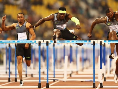 Merrit, McLeod y Oliver, de izquierda a derecha, en los 110m vallas de Doha.