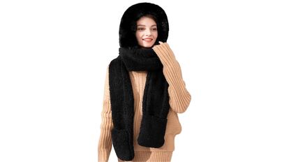 Bufanda de borrego suave con bolsillos que pueden utilizarse como guantes y con capucha, para mujer y para invierno