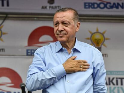El presidente turco, Recep Tayyip Erdogan, el sábado en un acto de campaña en Estambul.  