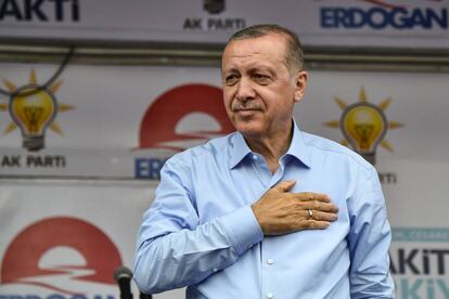 El presidente turco, Recep Tayyip Erdogan, el sábado en un acto de campaña en Estambul.  