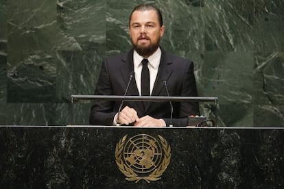 DiCaprio, en el atril de las Naciones Unidas para hablar en la cumbre del clima, celebrada el pasado mes de septiembre.