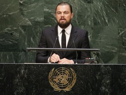 DiCaprio, en el atril de las Naciones Unidas para hablar en la cumbre del clima, celebrada el pasado mes de septiembre.