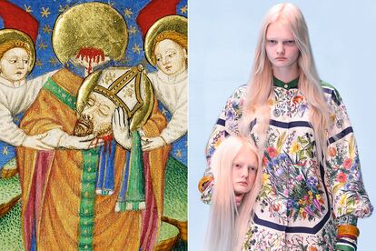 San Dionisio portando su cabeza (1430–1440), de Maestro de Fastolf; y modelo con réplica de su cabeza en el desfile o-i 2018-19 de Gucci.