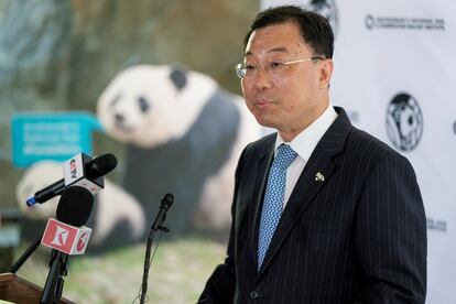 China's ambassador to the United States, Xie Feng, speaks to the media from the Smithsonian Zoo in Washington, May 29. 