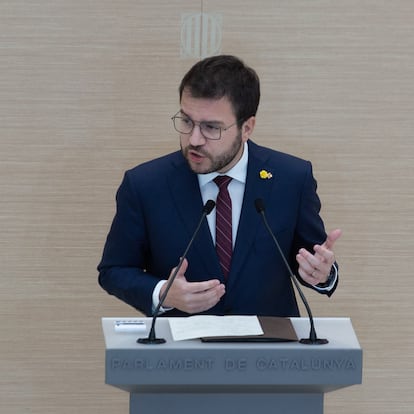El candidato a la Presidencia de la Generalitat, Pere Aragonès, en el pleno de investidura.
DAVID ZORRAKINO - EUROPA PRESS
26/03/2021