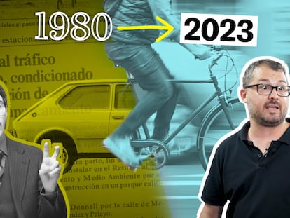 Imagen de un ciclista, junto a las explicaciones de Pablo Cantó y Miguel Ángel Medina, periodistas de EL PAÍS.