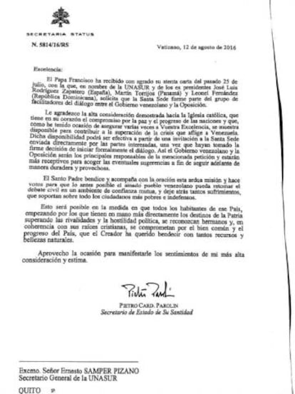 Carta enviada desde el Vaticano a Unasur.