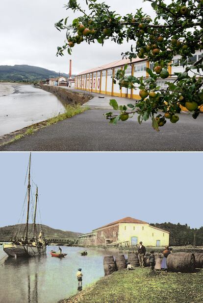 Arriba, las instalaciones de El Gaitero. Abajo, la fábrica en una fotografía antigua coloreada.