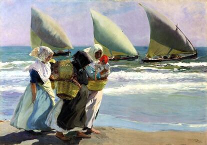 'Las tres velas' (1903). Esta obra estuvo fuera del alcance del público durante casi un siglo. Se vendió en 2008 por 34,3 millones de euros, en Nueva York. El óleo muestra a tres mujeres paseando por una playa con tres veleros al fondo.