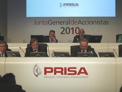El presidente de PRISA, Ignacio Polanco, y el consejero delegado, Juan Luis Cebrián, en la última junta de accionistas del grupo.
Kamal M. Bherwani.