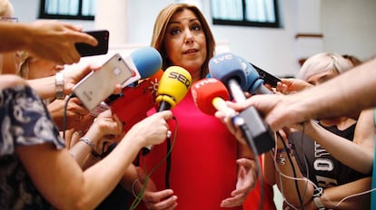 Susana D&iacute;az, este martes en la sede del PSOE andaluz en Sevilla.