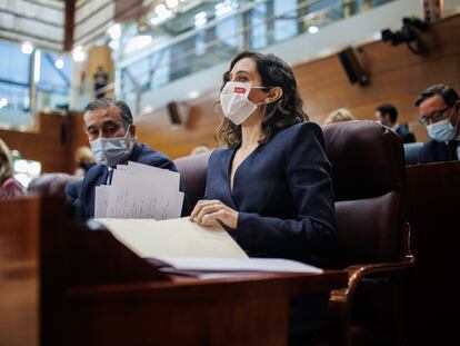 La presidenta de la Comunidad de Madrid, Isabel Díaz Ayuso, este jueves en la Asamblea de Madrid.