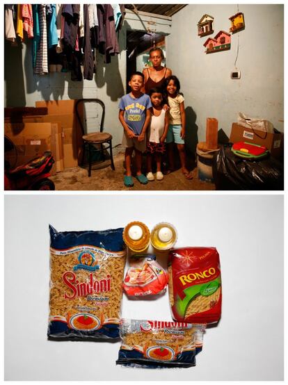 Rosa Elaisa Landáez (al fondo) junto a sus familiares (Albert Pérez, Abel Pérez y Yeiderlin Gómez). "Estamos comiendo mal. Por ejemplo, si tenemos harina de maíz, comemos arepas todo el día. Si tienes el dinero, no puedes encontrar la comida y, si la encuentras, no tienes suficiente dinero", cuenta Landáez.