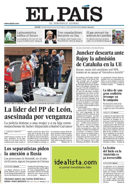 El asesinato de Isabel Carrasco en una calle de León, a media tarde, pudo parecer en un primer momento que tenía connotaciones políticas. Faltaban pocos días para las elecciones europeas y ella era presidenta de la Diputación de León. Sin embargo, el asesinato fue una venganza por motivos personales de una mujer y su hija, que lo planearon durante largo tiempo.<p> <b>Noticia</b>: <a href="http://politica.elpais.com/politica/2014/05/12/actualidad/1399910423_747351.html" target="blank">Muere a tiros en plena calle la presidenta de la Diputación de León, Isabel Carrasco</a>